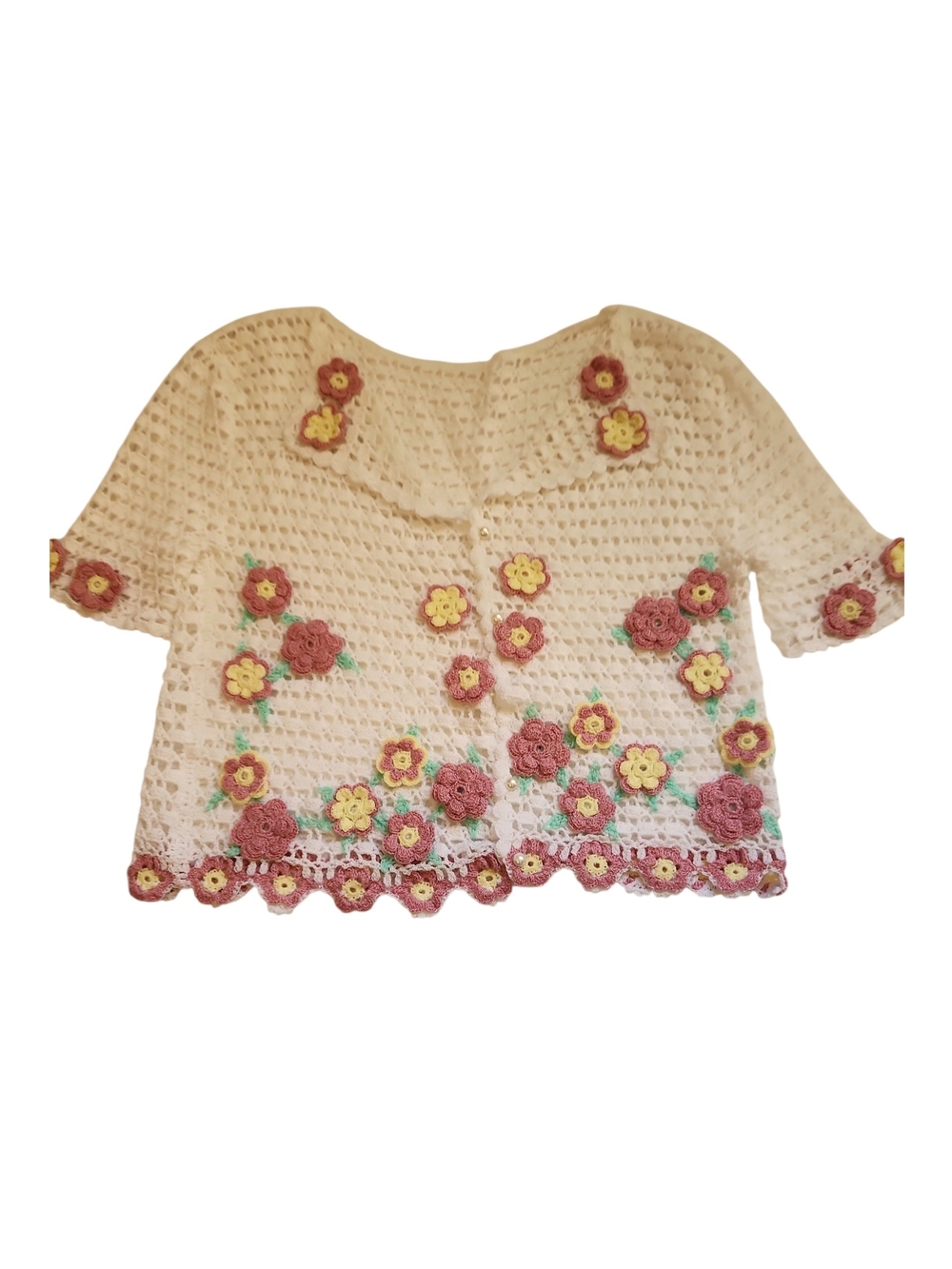 Handmade White Cottagecore Boho  3D Floral Pink&Yellow Applique Crochet Cardigan